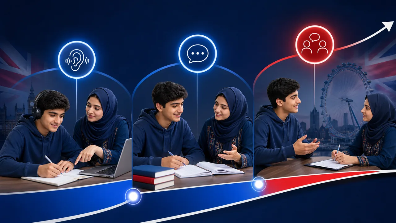 Three-phase beginner journey from foundations to confident speaking tests